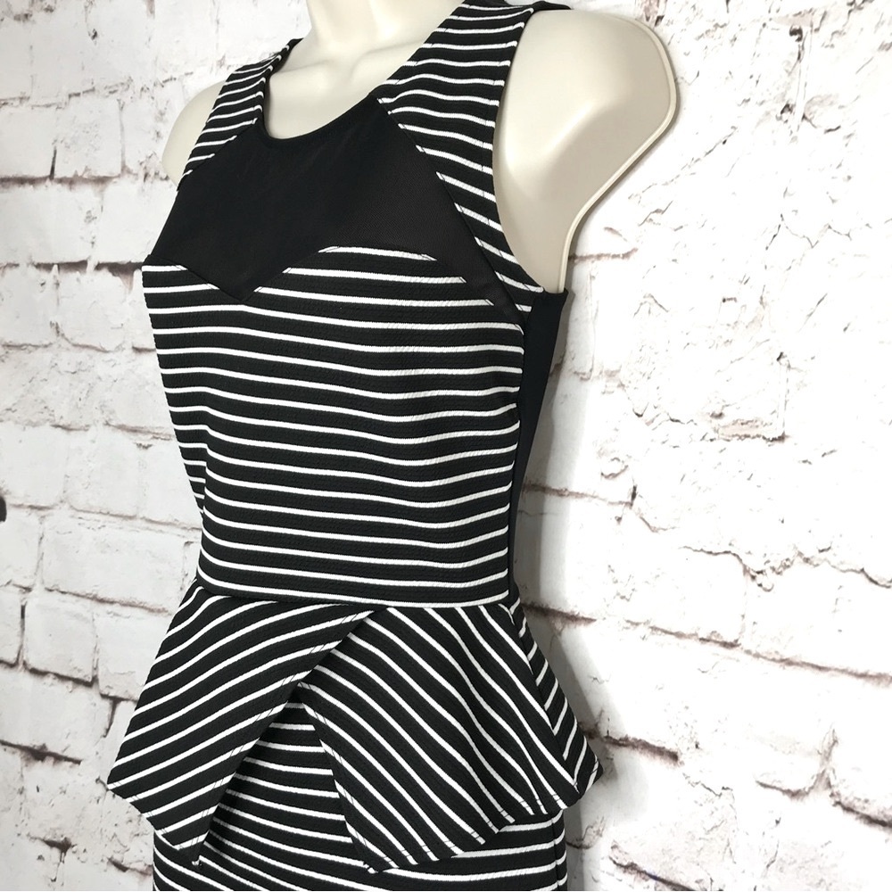 MATERIAL GIRL S Peplum Mesh Back Sleeveless Black & White Stripe Dress Small NWT - Picture 4 of 16